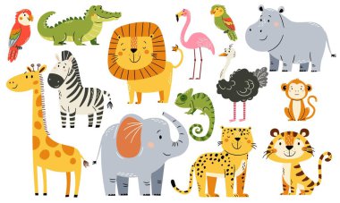 Basit bir çocuk tarzında bir dizi düz vektör çizimi. Safari ve Afrika 'nın hayvanları. Şirin fil zürafası kaplan leopar aslan papağan devekuşu flamingo timsah bukalemun zebra maymunu