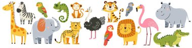 Basit bir çocuk tarzında bir dizi düz vektör çizimi. Beyaz arka planda sevimli fil zürafası kaplan leopar papağan devekuşu flakodil bukalemun zebra maymunu. Vektör