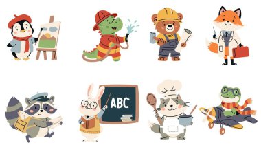 Basit bir çocuk tarzında bir dizi düz vektör çizimi. Çocuklara meslek öğretmek için hayvanlar. Penguen ressamı, ayı üreticisi, dinozor itfaiyecisi, tavşan öğretmeni ve rakun postacı.