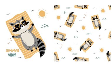 Basit bir çocuk tarzında düz vektör çizimi. Güneş gözlüklü havluyla güneşlenen tatlı rakun, manşet. bseshow vektör deseni. Baskı için parmak izi seti. Vektör illüstrasyonu