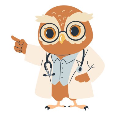 Beyaz arka planda doktor kostümlü sevimli baykuş var. Basit çocuk tarzında düz vektör çizimi. Vektör illüstrasyonu