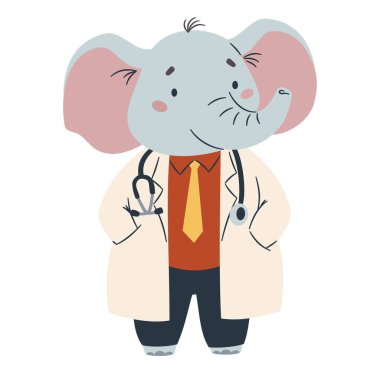 Beyaz arka planda doktor kıyafetli şirin bir fil. Basit çocuk tarzında düz vektör çizimi. Vektör illüstrasyonu