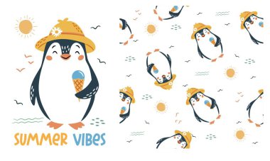 Çocuk ürünlerine baskı yapmak için vektör baskıları. Güneş şapkalı şirin penguen elinde dondurma külahı var, başlık. Kusursuz vektör deseni. Vektör illüstrasyonu