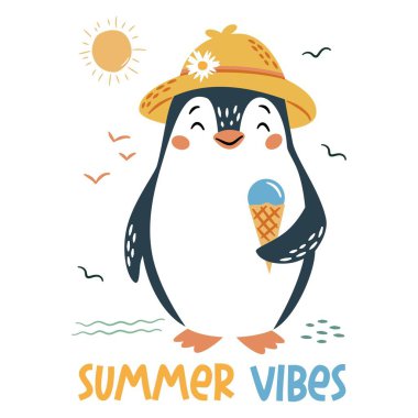 Basit bir çocuk tarzında düz vektör çizimi. Yazlık şapkalı şirin penguen elinde dondurma ve yaz havası manşeti var. Vektör illüstrasyonu