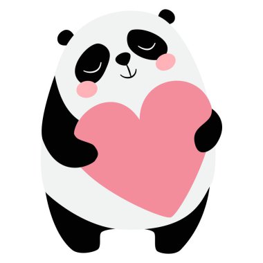Büyük bir kalbe sahip sevimli panda, sevgililer günü illüstrasyonu. Basit çocuksu bir şekilde düz vektör çizimi. Vektör illüstrasyonu
