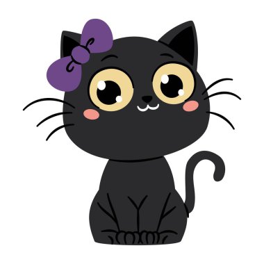 Çizgi film tarzında şirin vektör çizimi. Büyücü şapkalı kara kedi. Cadılar Bayramı için çocuk resimleri. Vektör illüstrasyonu