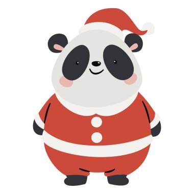 Noel Baba kostümlü şirin panda. Basit çocuk tarzında beyaz arkaplanda düz vektör çizimi. Vektör illüstrasyonu