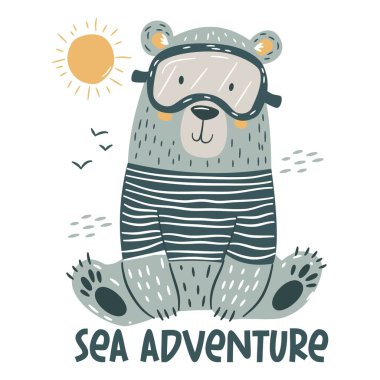 Şnorkel maskesi takan sevimli bir ayı. Basit çocuk tarzında düz vektör çizimi, beyaz arka plan, deniz macerası yazıtı. Vektör illüstrasyonu