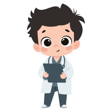 Doktor kostümü giymiş, elinde tablet olan tatlı bir bebek. Beyaz zemin üzerinde basit çocuk tarzında düz vektör illüstrasyonu. Vektör illüstrasyonu