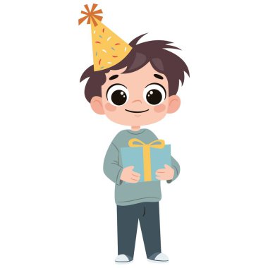 Basit bir çocuk tarzında düz vektör çizimi. Beyaz arka planda hediye kutusu tutan sevimli bir doğum günü çocuğu. Vektör illüstrasyonu