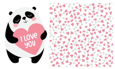 Sevgililer Günü 'nde çocuk ürünlerine basılacak bir dizi parmak izi. Sevimli panda büyük bir kalbe sahip, yazıt seni seviyorum. Kalpli kusursuz vektör deseni. Vektör illüstrasyonu