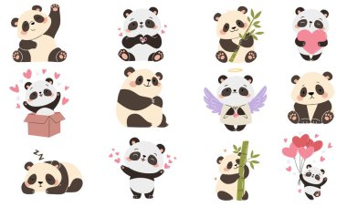 Basit bir çocuk tarzında bir dizi düz vektör çizimi. Farklı pozlarda şirin pandalar. Uyuyor, bambuyla, beyaz arka planda komik ve üzgün. Vektör illüstrasyonu