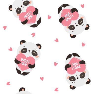 Sevgililer Günü için çocuk ürünlerinin vektör kalıpları. Sevimli panda büyük bir kalbe sahip, yazıt seni seviyorum. Kusursuz vektör deseni. Vektör illüstrasyonu