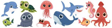 Beyaz arka planda basit çocuksu tarzda bir deniz hayvanı kümesi. Balina yunus köpekbalığı yengeci SEAL balık ahtapot kalamar karides kaplumbağa deniz anası. Vektör illüstrasyonu