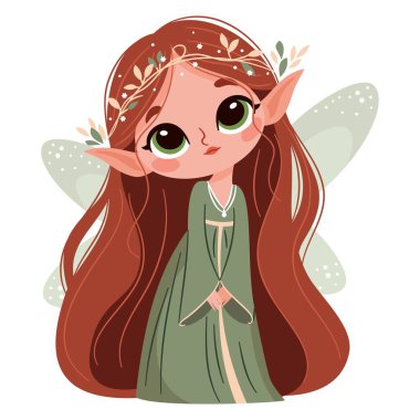 Beyaz arkaplanda çizgi film tarzında vektör illüstrasyonu. Yeşil elbiseli, uzun saçlı sevimli bir peri. Vektör illüstrasyonu