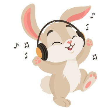 Basit bir çocuk tarzında vektör illüstrasyonu. Beyaz arka planda sevimli bir tavşan kulaklıklı ve danslı müzik dinliyor. Vektör illüstrasyonu