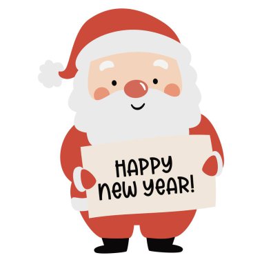 Çocuksu, basit tarzdaki şirin Noel Baba 'nın üzerinde yeni yıl yazıları olan bir tabelası var. Beyaz arkaplanda düz vektör çizimi. Vektör illüstrasyonu