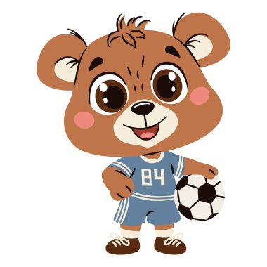 Futbol formasıyla futbol oynayan sevimli bir ayı yavrusu. Basit bir çocuk tarzında vektör illüstrasyonu, beyaz arkaplan. Vektör illüstrasyonu