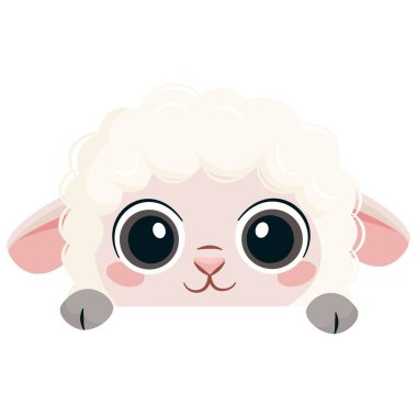 Küçük şirin bir koyun duvarın arkasından dışarı bakıyor. Çocuk tarzında bir vektör illüstrasyonu. Vektör illüstrasyonu