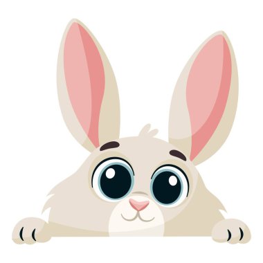 Şirin bir tavşan duvarın arkasından dışarı bakıyor. Çocuk tarzında bir vektör illüstrasyonu. Vektör illüstrasyonu