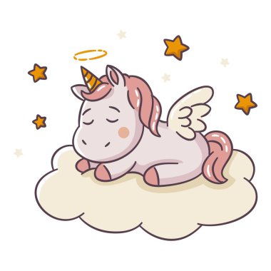 Kanatlı şirin bir tek boynuzlu at yıldızlarla çevrili bir bulutta uyuyor. Beyaz arkaplanda sevimli bir kawaii tarzında düz bir vektör çizimi. Vektör illüstrasyonu