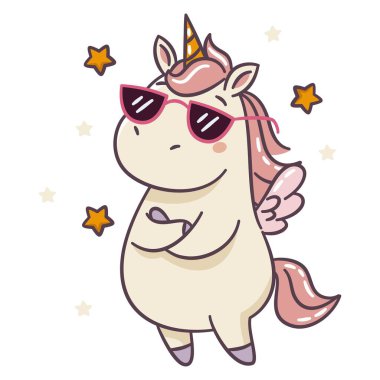 Kanatları göğsünde katlanmış, güneş gözlüğü takmış, yıldızlarla çevrili sevimli bir tek boynuzlu at beyaz arkaplanda sevimli bir kawaii tarzında düz bir vektör çizimi. Vektör