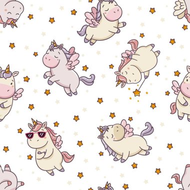 Beyaz arka planda kusursuz vektör deseni. Yıldızlarla farklı pozlarda kanatlı şirin tek boynuzlu atlar. Vektör illüstrasyonu