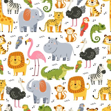 Beyaz arka planda kusursuz vektör deseni. Farklı şirin safari hayvanları. Vektör illüstrasyonu