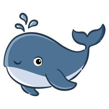 Beyaz arka planda çocuksu bir şekilde vektör illüstrasyonu. Kocaman gözleri olan sevimli bir balina gülümseyip beyaz arka planda bir çeşme su üflüyor. - Evet. Vektör illüstrasyonu