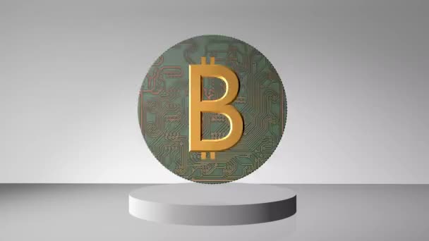 Bitcoin Gira Sobre Pedestal Sobre Fondo Gris Animación Concepto Tecnologías — Vídeo de stock
