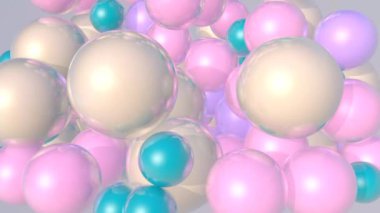Farklı renklerde düşen soyut toplar, ekranı dolduruyor. Üç boyutlu animasyon. Meteorlar. Soyut arkaplan