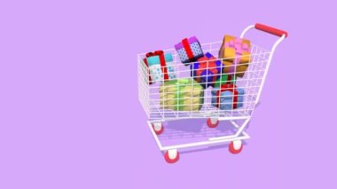 Beyaz alışveriş arabası hediye kutularıyla dolu. Üç boyutlu animasyon. Noel alışverişi ve alışveriş konsepti. Tatil hazırlıkları, hediyeler. Çevrimiçi alışveriş, çevrimiçi bir mağaza için animasyon.