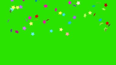 Renkli bir arka planda kayan renkli yıldızlar. Animasyonun 3 boyutlu canlandırması. Tatil ve düğünler için video efekti. Yeşil ekran. Yıldızlardan yağan yağmur.