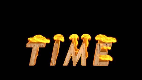时间这个词是着火了 3D动画 心理和哲学概念 原作动画 带有燃烧的木制字母 — 图库视频影像
