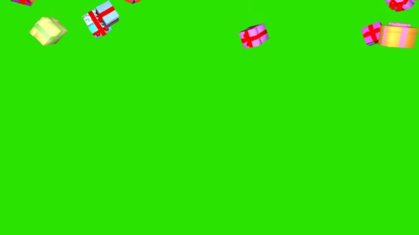 圣诞节的背景节日背景 五彩缤纷的圣诞礼物在绿色的屏幕上飘扬 3D动画 — 图库视频影像