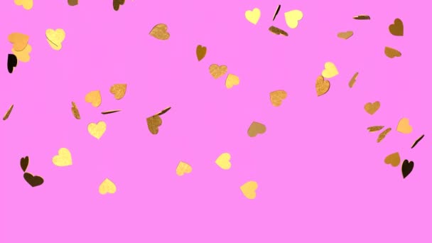 金子般的心在粉色的背景上坠落3D动画渲染 情人节和婚礼的录像效果 心中的雨 — 图库视频影像