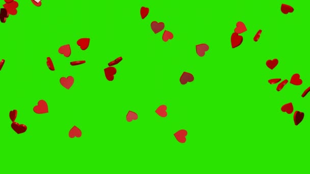 红心飘落在色键背景上 3D动画渲染 情人节和婚礼的录像效果 绿色屏幕 心中的雨 — 图库视频影像