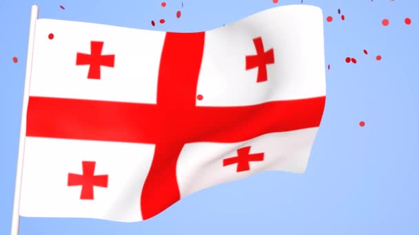 Флаг Грузии Страны Развивается Фоне Ясного Неба Красными Конфетти Анимация — стоковое видео