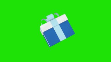 Blue-white gift box with white ribbon. 3D animation on a green screen. Holidays and gifts concept.