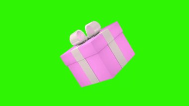 Pink gift box with white ribbon. 3D animation on a green screen. Holidays and gifts concept.