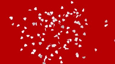 Explosion of white hearts on a red background. Heart confetti. Festive effect for Valentine's Day. 3D animation