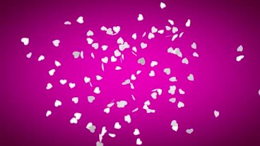 Explosion of white hearts on a dark pink background. Heart confetti. Festive effect for Valentine's Day. 3D animation