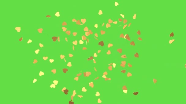 緑の画面上の黄金の心の爆発 ハート コンフェッティ バレンタインデーのお祝いの効果 3Dアニメーション — ストック動画