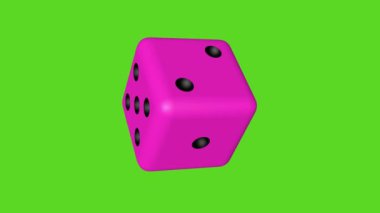 The pink dice rotates against the background of a green screen. 3D animation