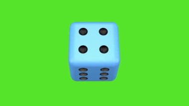 The blue dice rotates against the background of a green screen. 3D animation