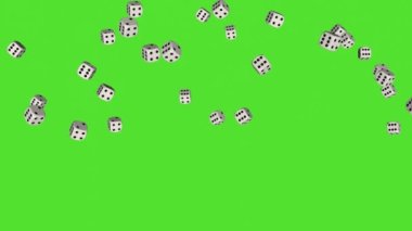 Rain of dice on a green screen, chroma key. 3D animation