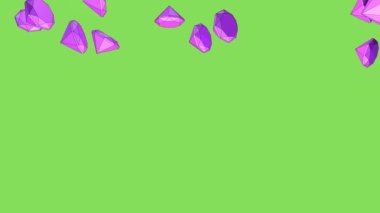 Purple rubies fall on a green background. 3D animation. Cartoon background. Rain of gems.