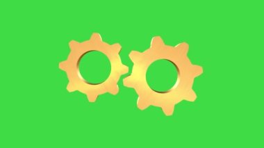 İki altın vites döner ve birbirlerini hareket ettirir, yeşil bir ekranda izole bir şekilde. 3 Boyutlu Canlandırma.