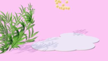 Fashion background, on a pink background a green plant, a white podium on which yellow round meteorites fall. 3D animation.