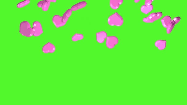 Falling Big Pink Hearts Chroma Key Background Animation Video Effect — Stockvideo